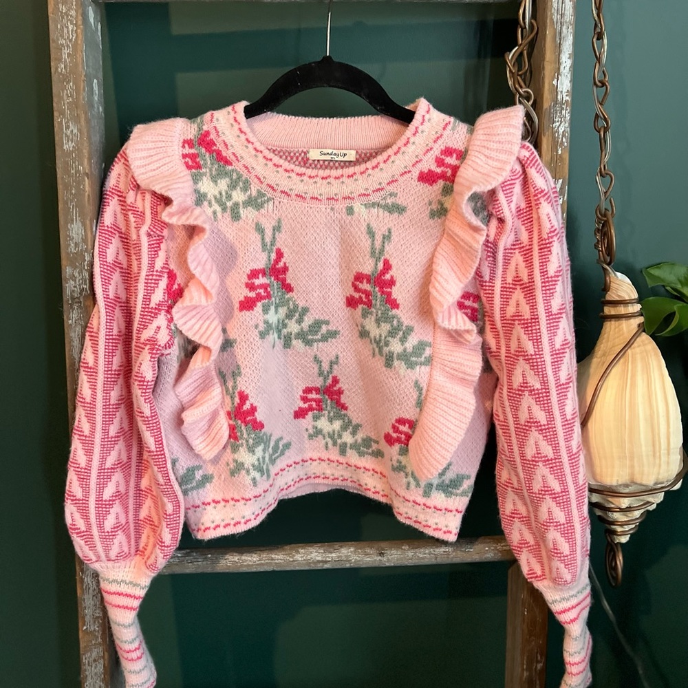 Sunday Up pink ruffle sweater fits S/M